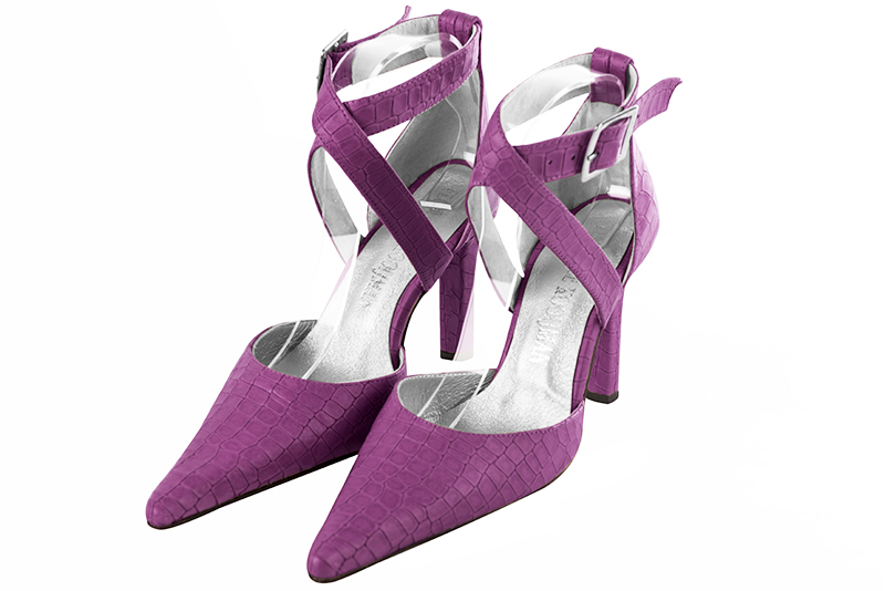 Mauve purple women's open side shoes, with crossed straps. Pointed toe. High slim heel. Front view - Florence KOOIJMAN